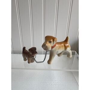 Vintage Bisque Airedale Terrier w/Puppy Figurine | Dog and Pup on Chain Leash